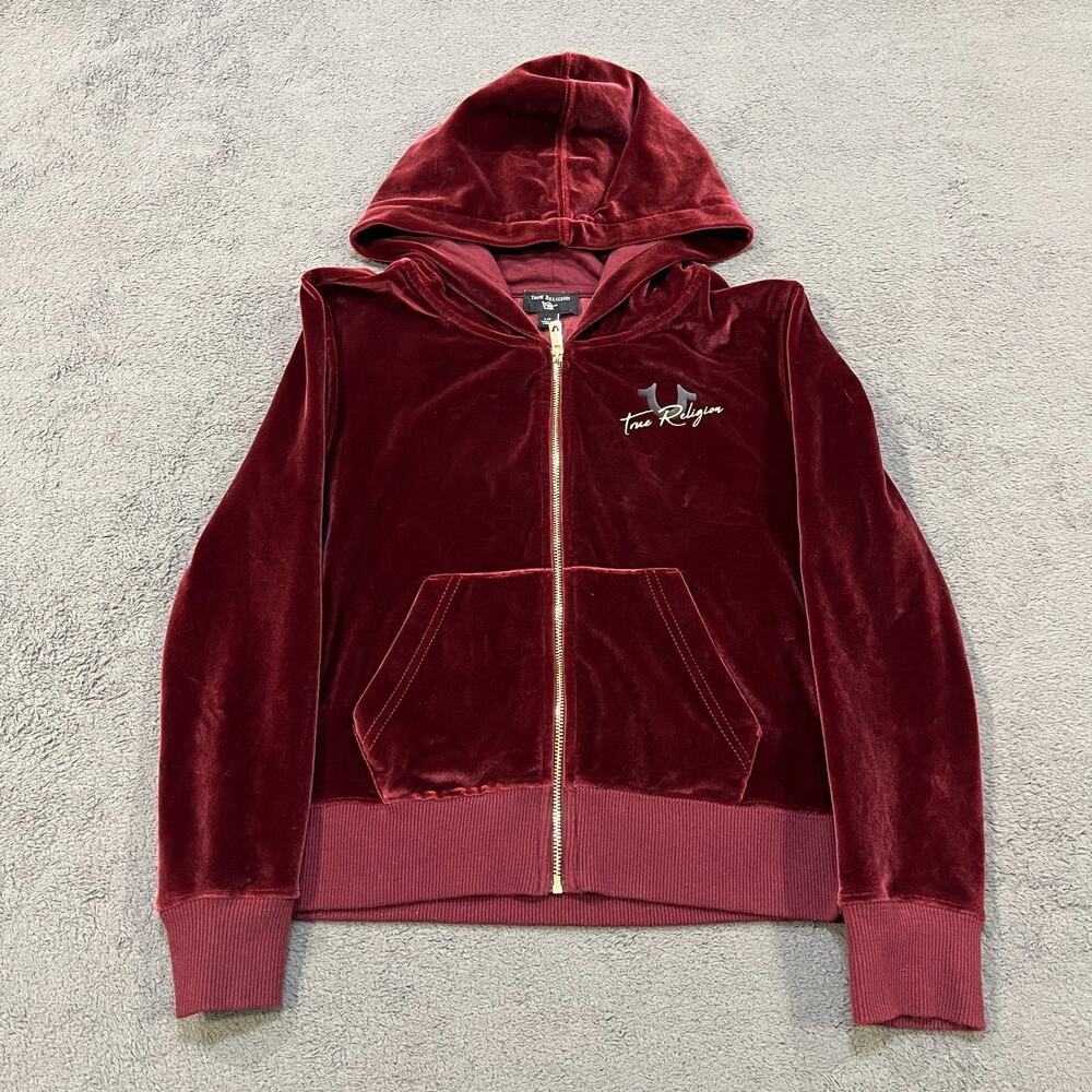 True Religion Burgundy Hooded Jacket Velour Full Zip Hoodie Kids Size Large